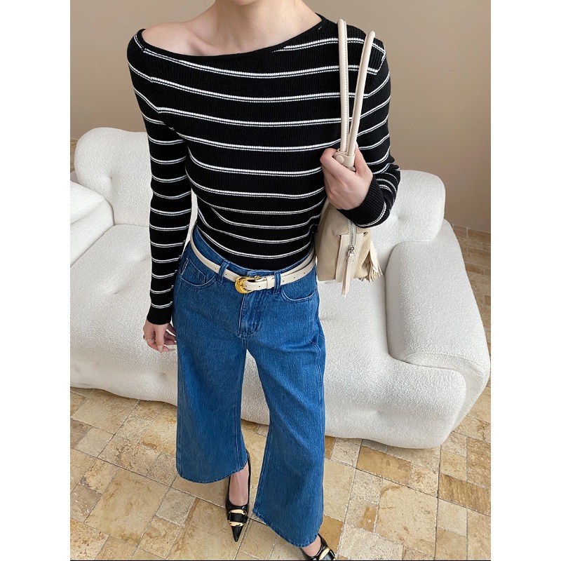 婉娩 私服自留款 小众设计感斜肩慵懒条纹修身显瘦针织衫