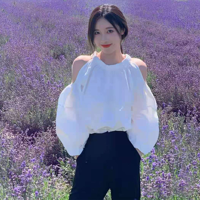 梨涡同款白色衬衣女秋季挂脖露肩