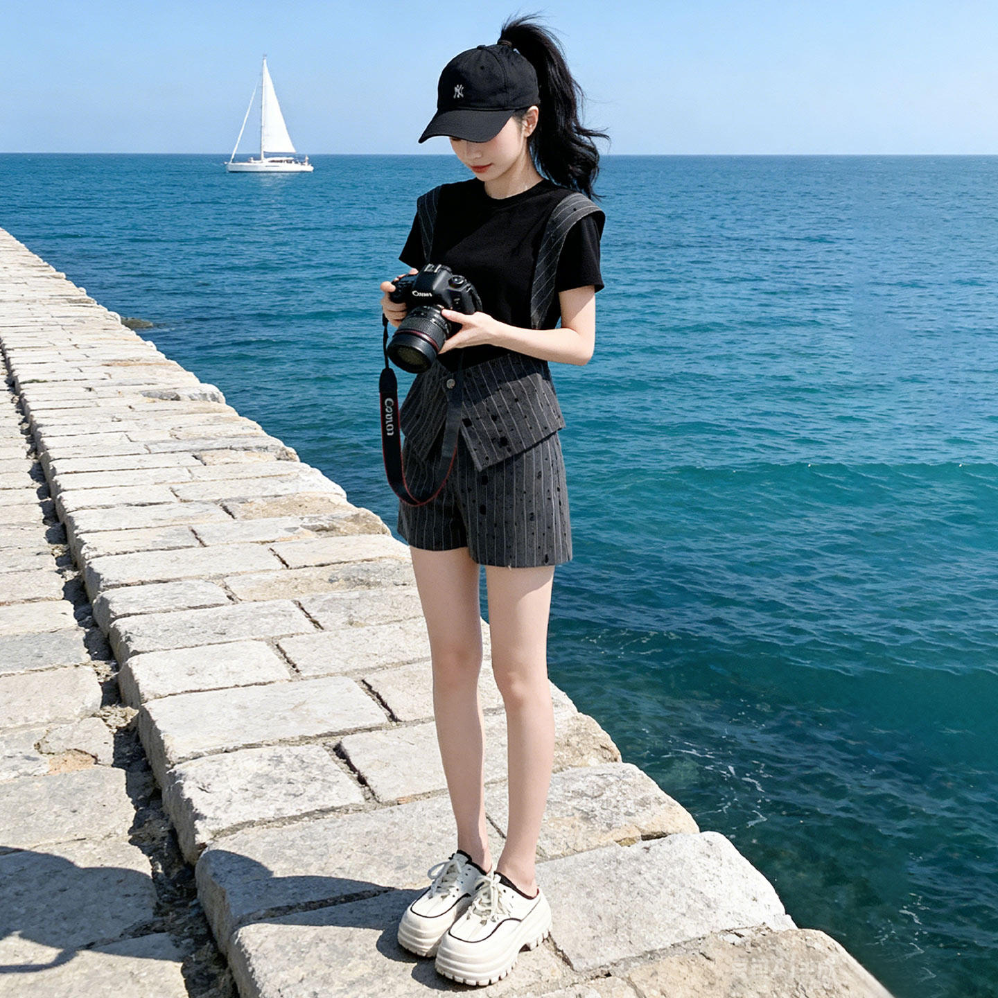 高级感黑色短袖T恤修身显瘦套装女夏季时尚范休闲通勤短裤两件套