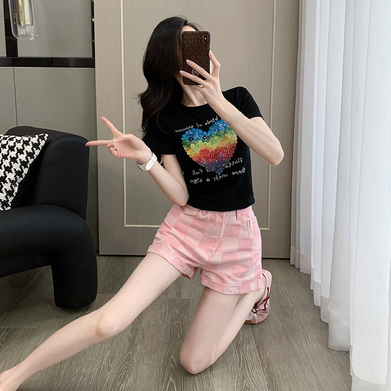 网红小个子穿搭一整套女夏季洋气短袖T恤显瘦高腰牛仔短裤两件套