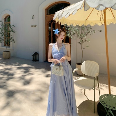 实拍  碧海云仙裙 法式水蓝色绝美不撞款连衣裙夏挂脖海边长裙