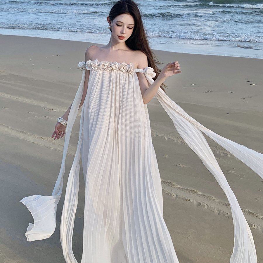 实拍 一字肩法式晨袍礼服裙重工飘带度假风拖地露肩长款裙子