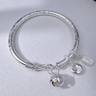 吉言盘缠手镯女9999足银国风新中式宫铃小胖福开口纯银镯子送女友