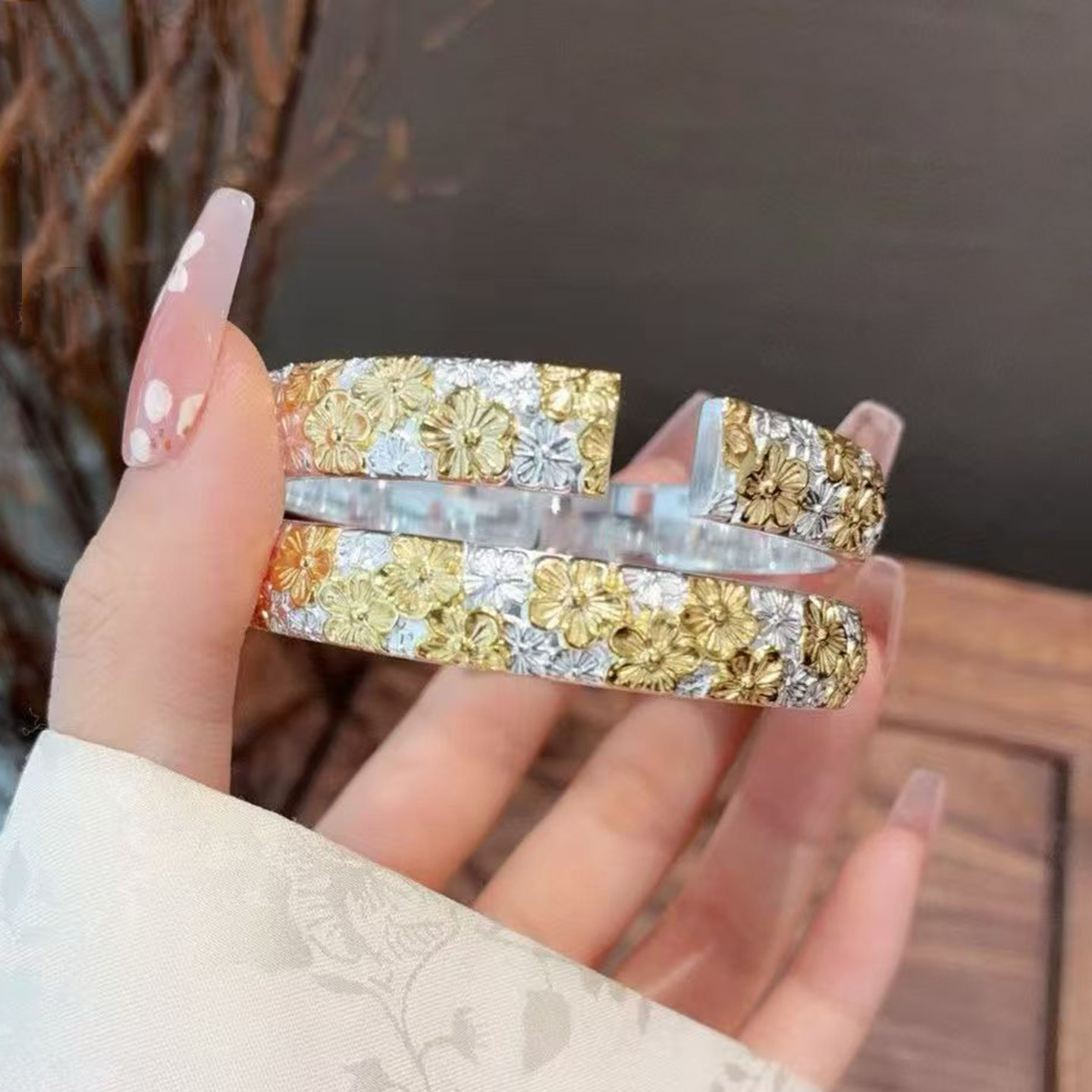 足银9999描金桃花手镯女新中式国风繁花似锦精致开口纯银镯子礼物,饰品/流行首饰/时尚饰品新,银饰手镯,淘宝优惠券,粉丝福利购,淘宝优惠卷