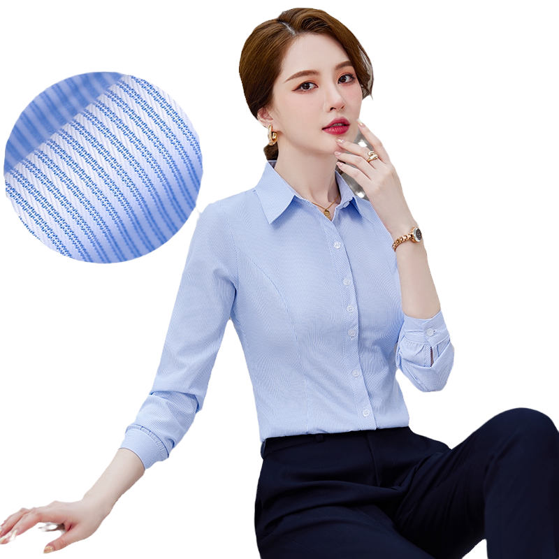 高棉条纹职业衬衫女长袖大码衬衣