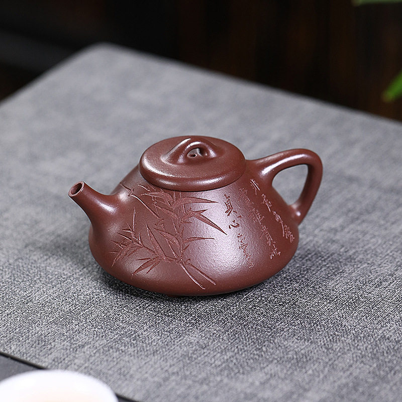 子冶石瓢紫砂壶手工刻绘竹子茶壶