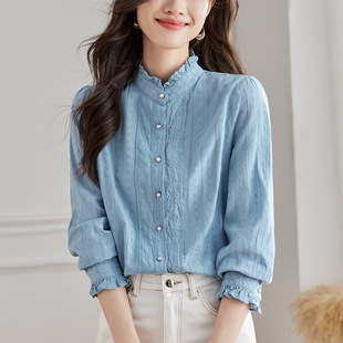 2025花边领日系小众小个子立领白色长袖春秋新款女装洋气减龄衬衫