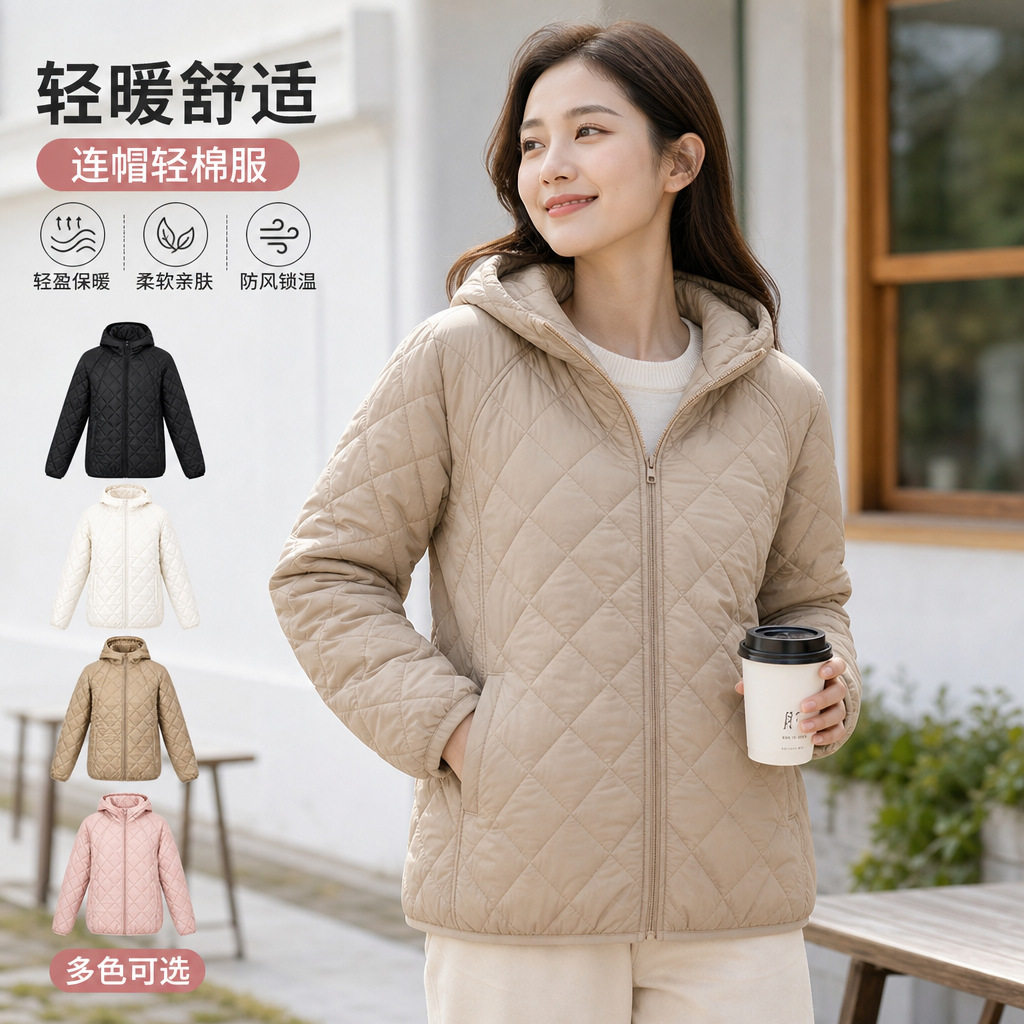 新款2026轻薄春秋冬棉衣女外套保暖宽松连帽休闲棉袄棉服休闲风
