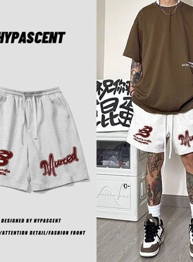 美式复古潮牌字母印花抽绳五分裤男夏季vibe高街宽松休闲运动短裤