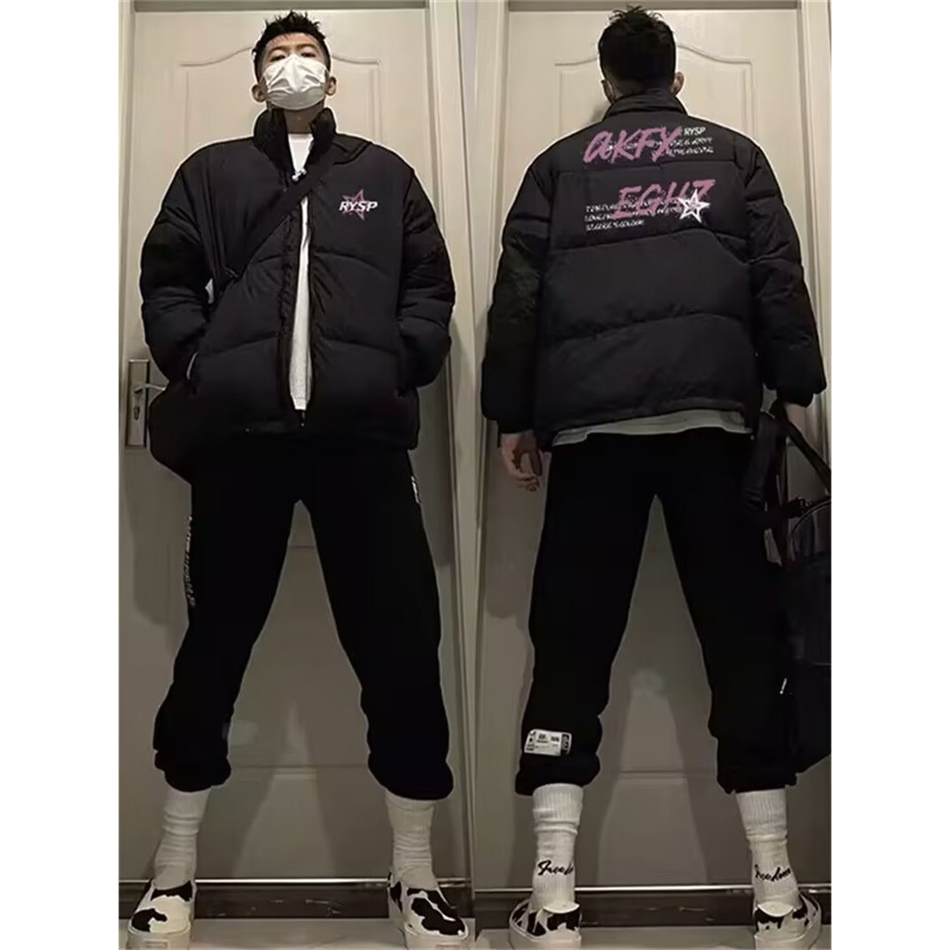 冬季休闲美式高街宽松加厚黑色外套保暖防寒棉服男款潮牌学生棉衣
