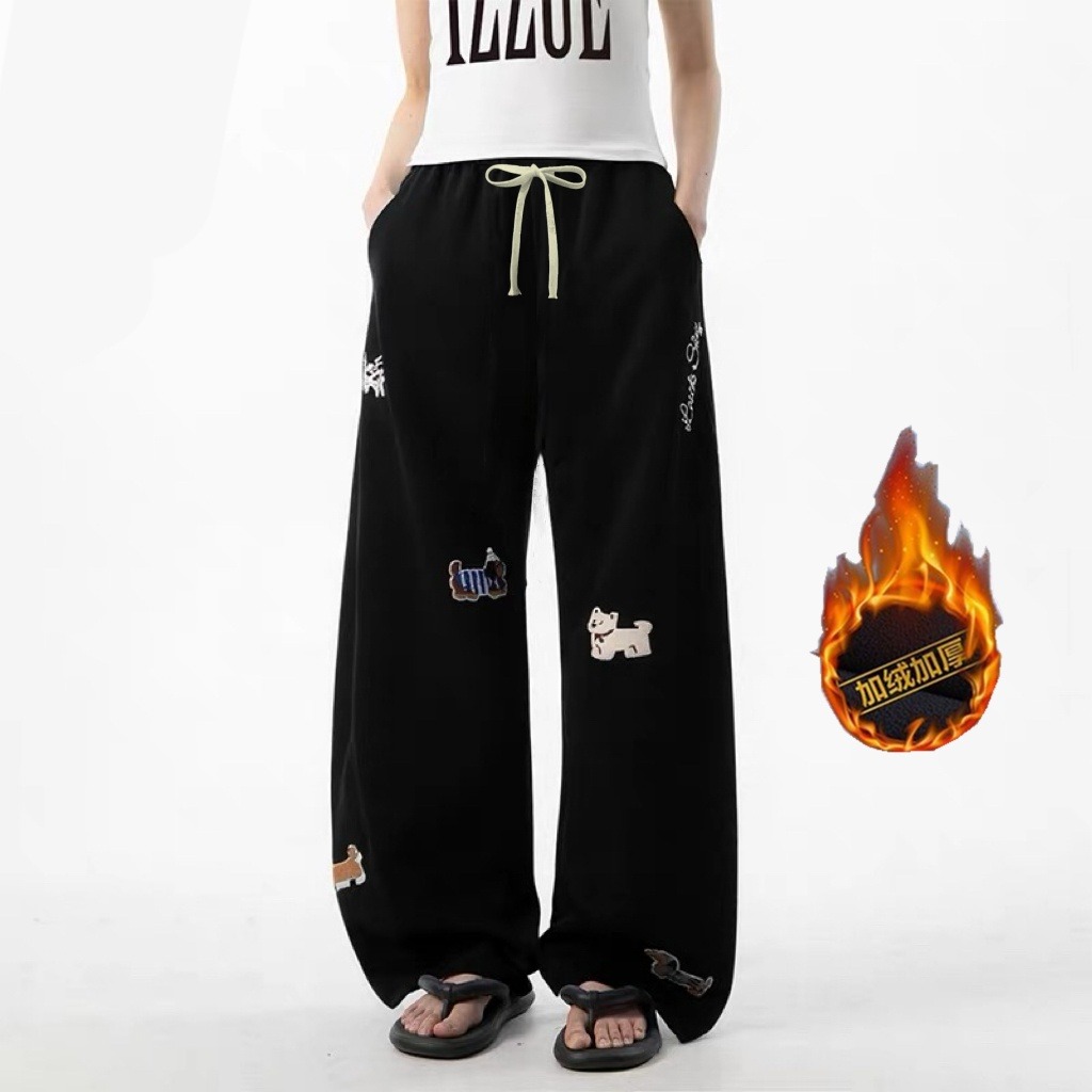 女生黑色卡通小狗印花休闲裤秋冬季加绒加厚新款宽松直筒阔腿裤子