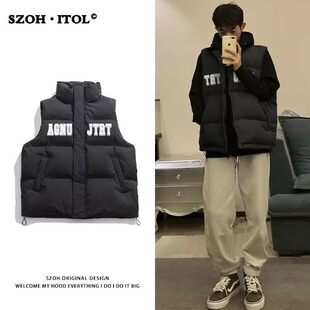 冬季立领坎肩背心棉服外套男生美式字母痞帅印花潮牌宽松休闲马甲