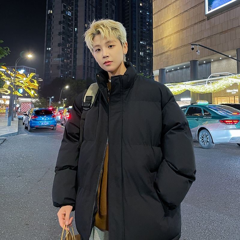 潮牌冬季棉衣男款纯色休闲面包服冬装立领加厚防风保暖棉服外套