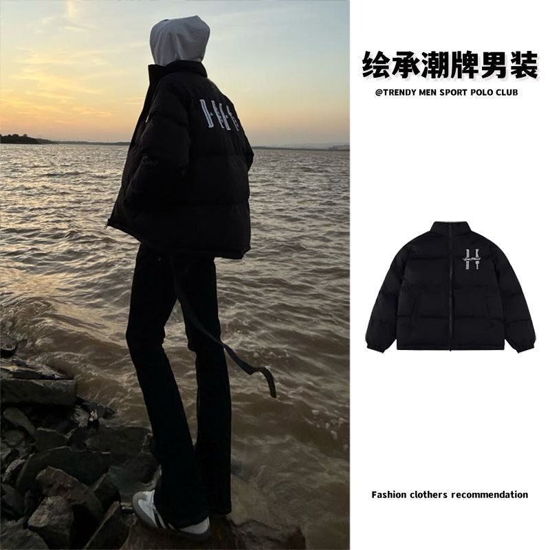 潮流美式立领拉链开衫棉服外套男字母加厚冬季新款宽松版潮男棉袄