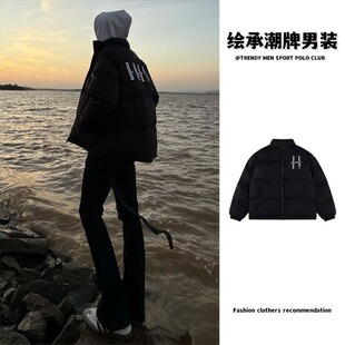 潮流美式立领拉链开衫棉服外套男字母加厚冬季新款宽松版潮男棉袄