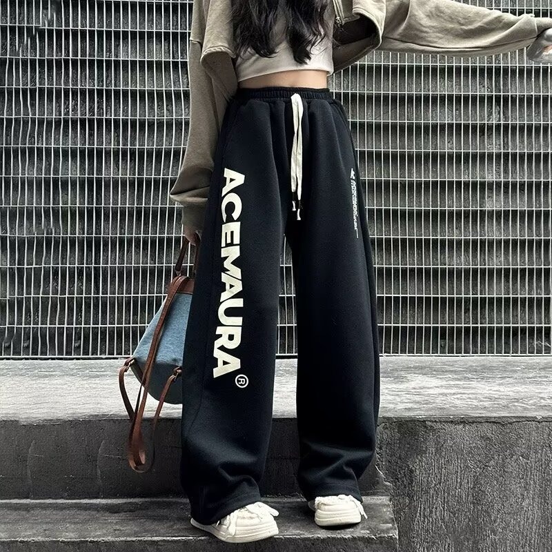 美式设计感字母印花休闲运动裤女复古街头卫裤宽松百搭显瘦阔腿裤