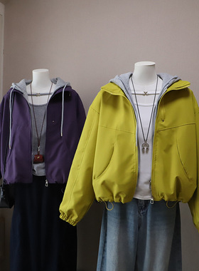 [比正]2026早春新韩版时尚假两件撞色连帽宽松休闲夹克外套女5895