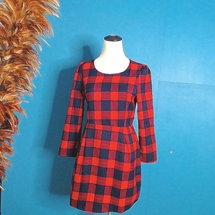 复古几何图案宽松连衣裙女长袖春秋新款圆领大格子格格中长裙子