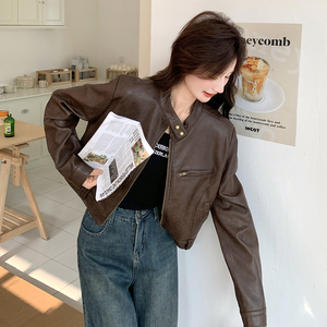 美拉德咖色PU皮衣外套女2025秋季新款高级感又酷又飒时髦短款夹克图片