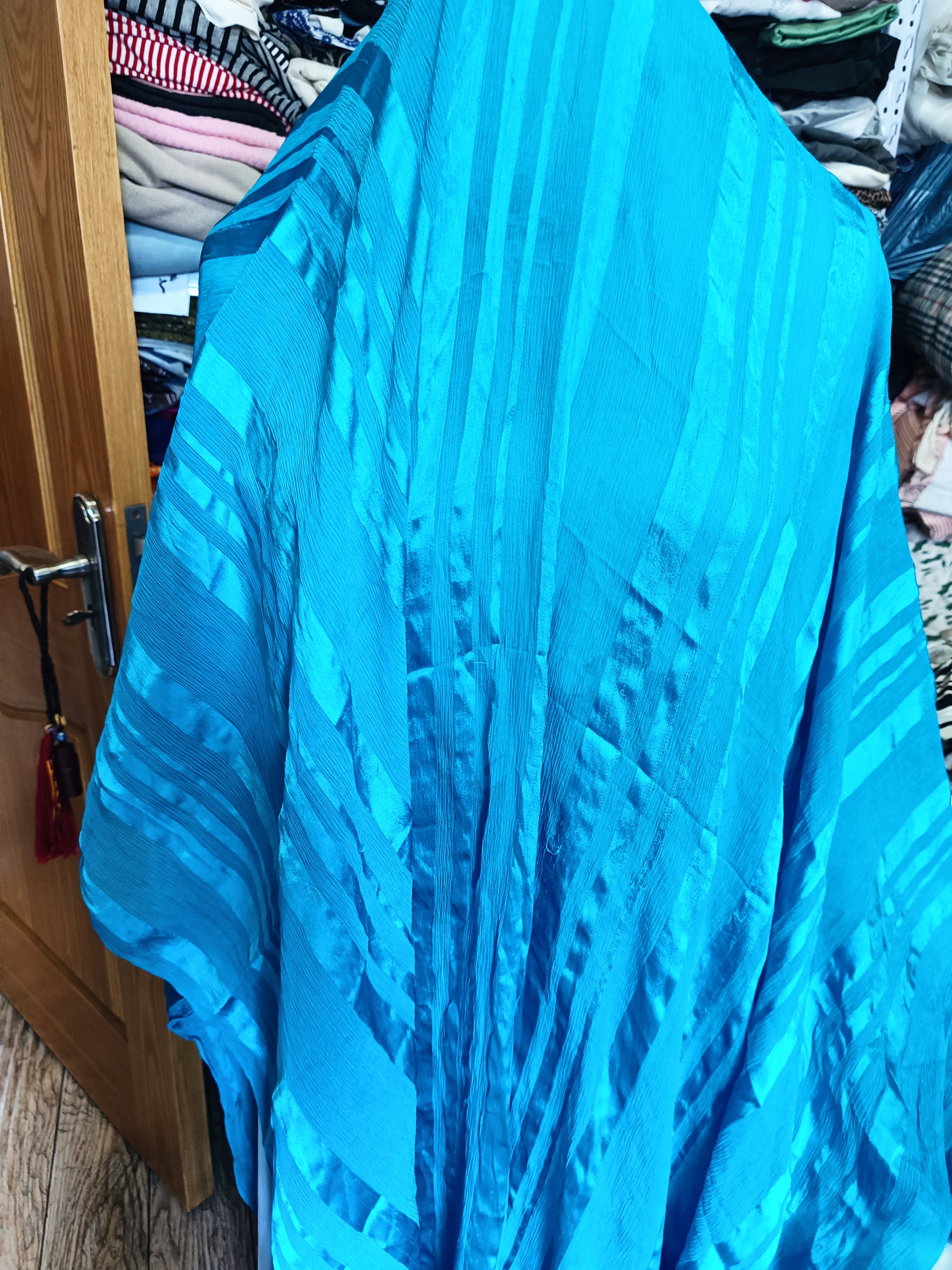 特价桑蚕丝绸天蓝色缎条纹真丝皱纱汉服裙子制衣服装面布料宽1.27