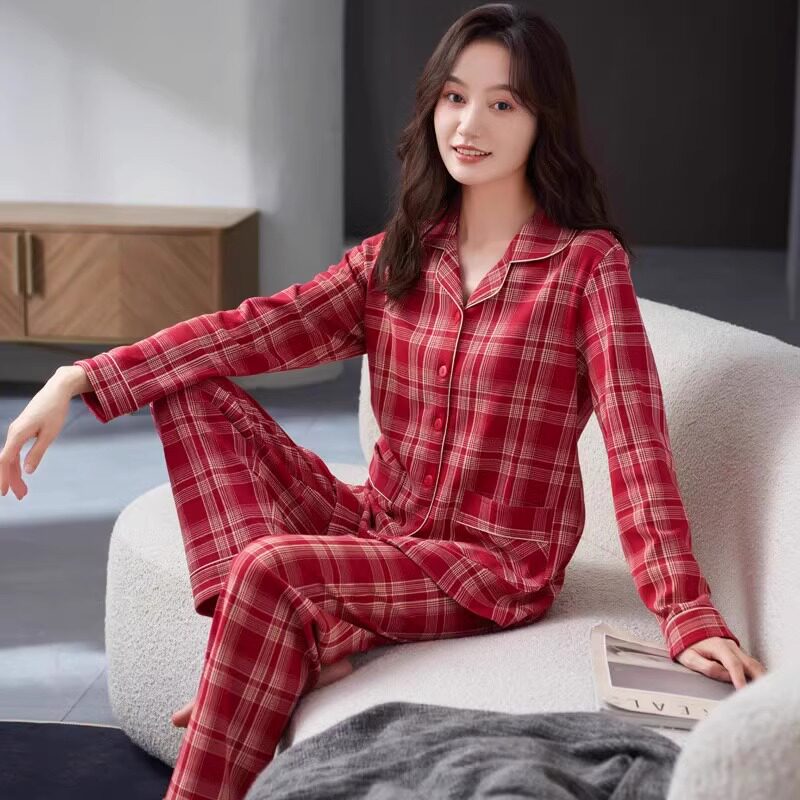 睡衣女春秋款纯棉长袖长裤全棉春季新款红格子居家服可外穿女套装
