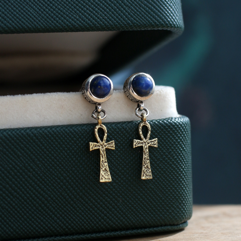 纯银复古青金石男女印第安耳钉