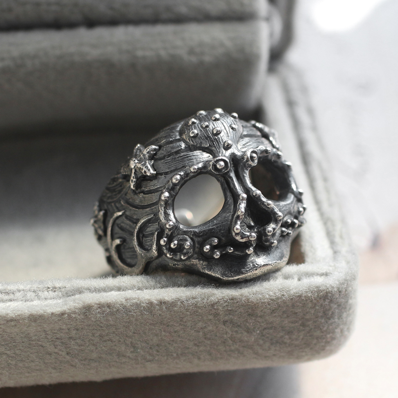 925纯银进口骷髅头戒指海洋元素