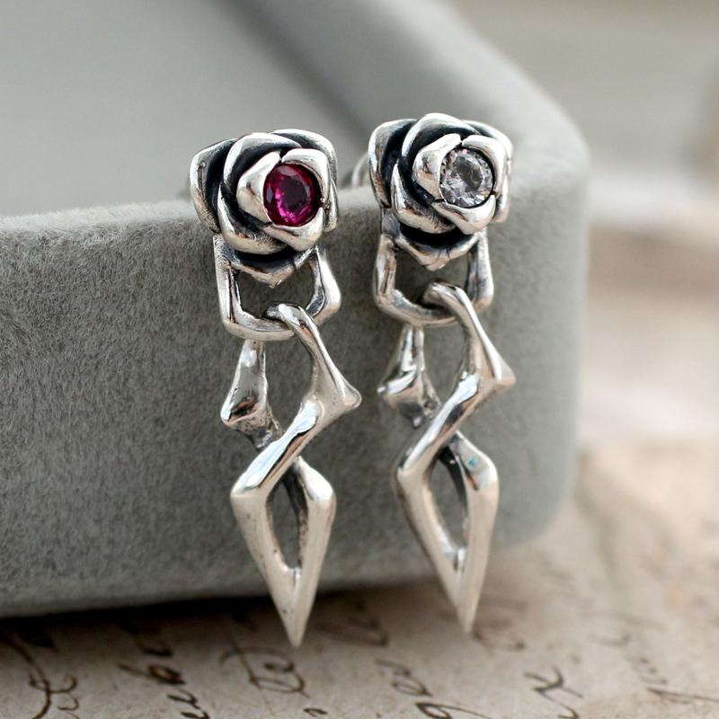 复古荆棘玫瑰耳钉s925