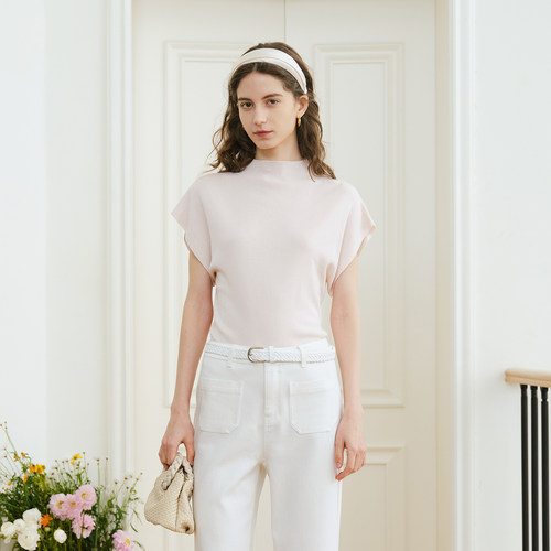 MELLOW SENSE 莱赛尔短袖贵气温柔感半高领修身飞袖柔粉色上衣