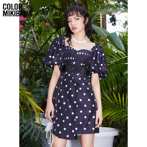 MIKIBANA米可芭娜黑色波点泡泡袖度假连衣裙夏季新款M22OD2549
