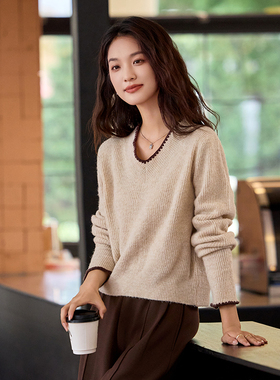 MIKIBANA撞色条纹针织女柔软舒适秋冬新款上杏色上衣J44TP3315