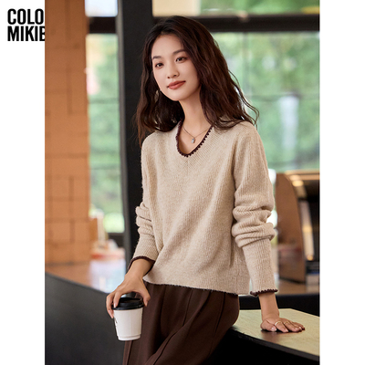 MIKIBANA撞色条纹针织女柔软舒适秋冬新款上杏色上衣J44TP3315