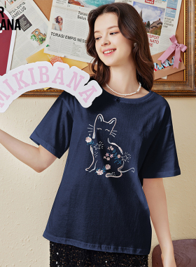 MIKIBANA猫咪印花2024夏季短袖t恤女宽松慵懒上衣小猫J41TT3089