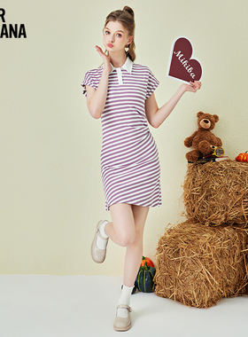 MIKIBANA夏季新款休闲polo连衣裙无袖长裙条纹宽松裙子J41OD3240