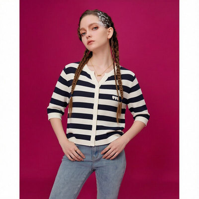 MIKIBANA春夏新款条纹心心装饰针织开衫百搭休闲上衣女J53TC0117