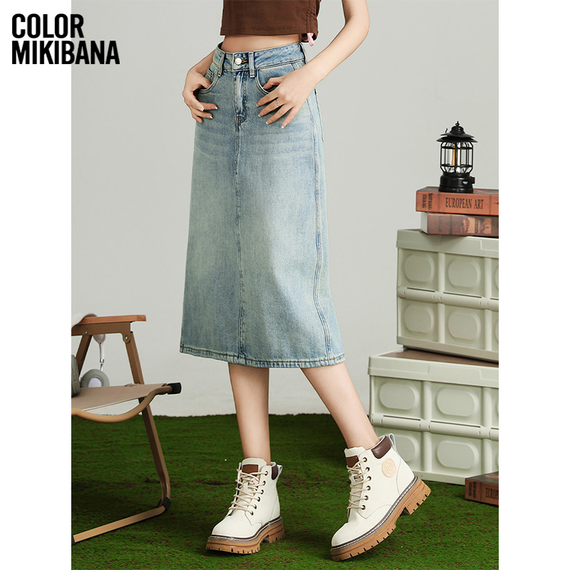 MIKIBANA牛仔半身裙女高腰遮胯a字显瘦中长款开叉包臀裙J41JK3014