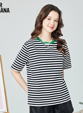 mikibana正肩条纹短袖t恤女夏季时尚洋气宽松休闲上衣J41TT3051