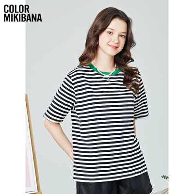 mikibana正肩条纹短袖t恤女夏季时尚洋气宽松休闲上衣J41TT3051