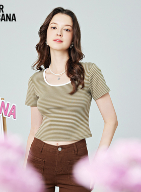 Mikibana经典条纹撞色U领修身短袖短款T恤上衣小衫女夏J41TT3099