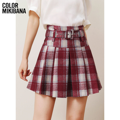 Mikibana新年红色格纹高腰百搭通勤百褶裙短款裙裤春夏J41BK3042