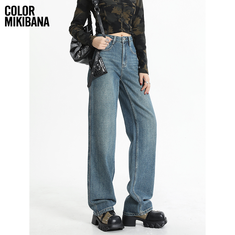 MIKIBANA高腰窄版阔腿裤女2024加绒直筒牛仔裤2024冬季J44JP3567