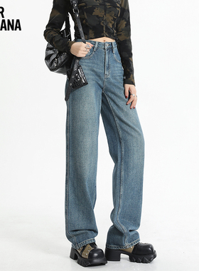 MIKIBANA高腰窄版阔腿裤女2024加绒直筒牛仔裤2024冬季J44JP3567