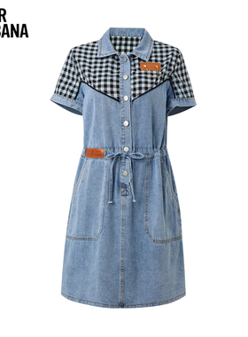 MIKIBANA拼接格子连衣裙夏季收腰显瘦通勤小众牛仔裙Z32JD8689