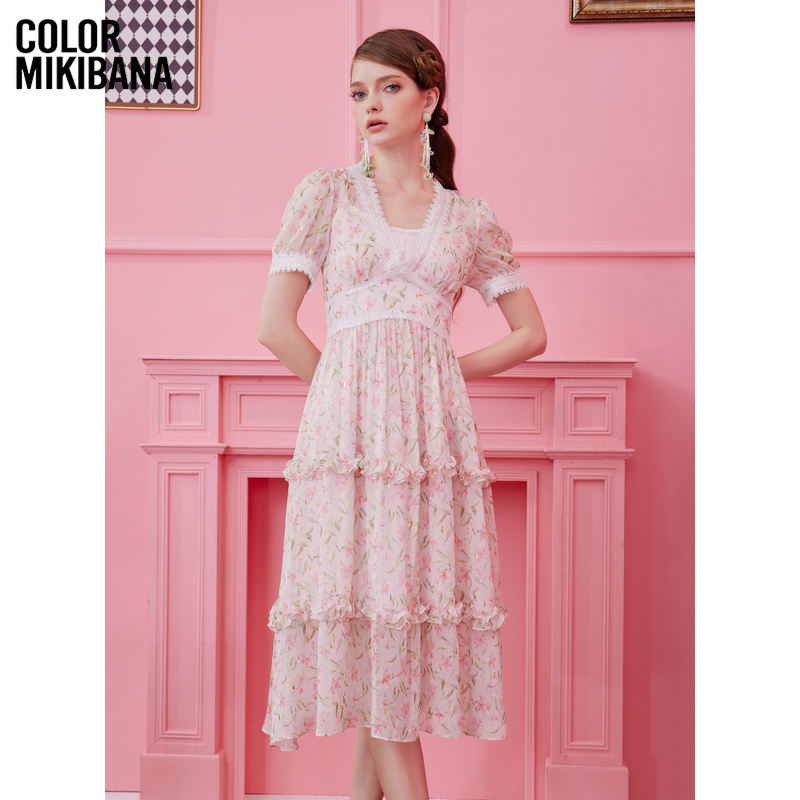 MIKIBANA米可芭娜雪纺碎花蛋糕裙纯欲中长裙连衣裙新款D32OD9446