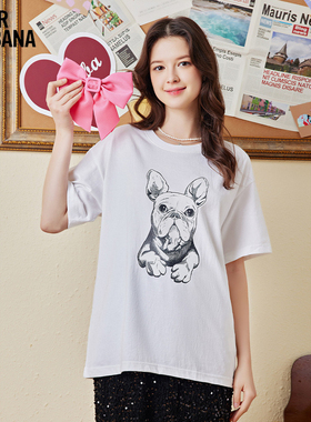 Mikibana立体领结小狗趣味印花圆领宽松百搭短袖T恤上衣J41TT3070