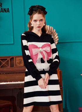 MIKIBANA米可芭娜条纹连帽卫衣蝴蝶结连衣裙多巴胺新款D33OD9494