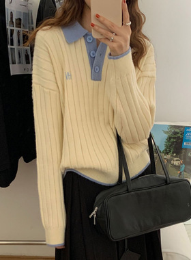 EAL羽迹慵懒风撞色软糯亲肤套头针织衫楠涛春季减龄宽松毛衣女