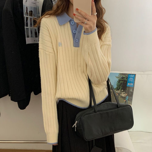 EAL羽迹慵懒风撞色软糯亲肤套头针织衫楠涛春季减龄宽松毛衣女 - 封面