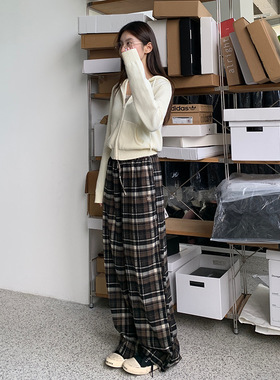 EAL美拉德复古磨毛格纹休闲裤女秋季慵懒宽松抽绳束脚拖地长裤