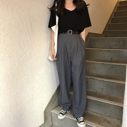EAL羽迹春夏高腰拖地垂直阔腿裤女韩版休闲直筒宽腿长裤子K291